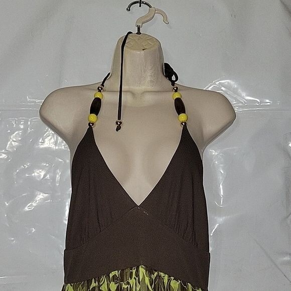 MILLY Halter Maxi Dress Green Floral Print Beaded Neckline Flowy Summer Dress M - Picture 2 of 7